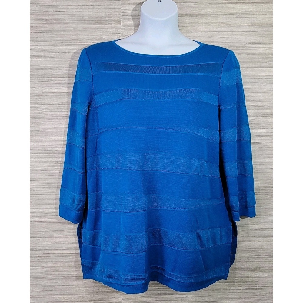 Misook Top Womens XL Blue Striped Texture Knit 3/4 Sleeve Bateau Neck Pullover